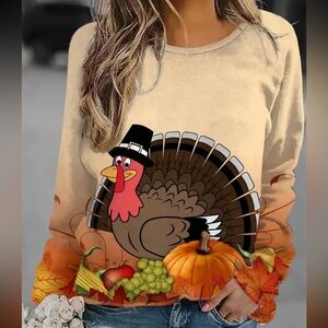 Thanksgiving Turkey print LS shirt for women size M fall multicolor ships fast!